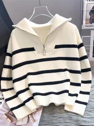 Swetery dla kobiet rdmq 2023 Casual Stripe Knited Sweater jesienna moda Vintage Half Zipper Pullover krótkie topy luźne eleganckie