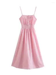 Sukienki swobodne Xasy Women Pink Tracida sukienka 2023 Letnia moda słodka elegancka plisowana wysoka talia A-line midi