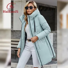 Leather HaiLuoZi New Women Coat Long Thick Fashion Side Zipper Women's Winter Jacket Hood Highquality Biocotton Mid length Parka 6028