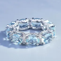 Cluster Rings Full Blue Crystal Aquamarine Gemstones Diamonds Trendy Lace Edge For Women 18k White Gold Filled Fine Jewelry Bands Gifts