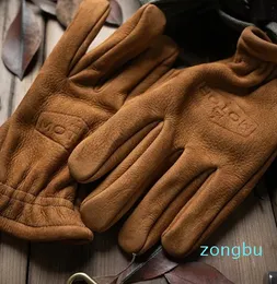 Five Fingers Gloves Men's Frosted Genuine Leather Gloves Men Motorcycle Riding Full Finger Winter Gloves With Fur Vintage Brown Cowhide Leather