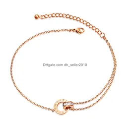 Anklets Fashion Fashion Double Rings Zircon Anklets 여성 디자이너 로즈 골드 로마 숫자 풋 체인 Titanium Steel Jewelry 선물 DHSWX