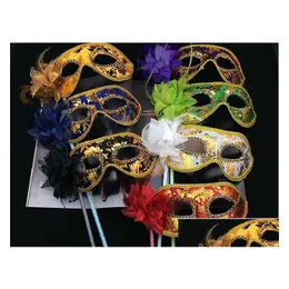 Маски для вечеринок 25 шт. Венецианская цветочная маска на половину лица Маскарад на палочке Сексуальный Хэллоуин Рождественский танец Свадебные принадлежности Прямая доставка H Dhtlf