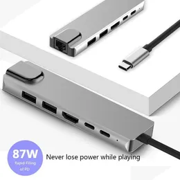 Usb Hubs Docking Station 6 In 1 Type C To Hdtv Mtiport Adapter With Rj45 Ethernet Pd Charging Ports Splitter For Pc Book Laptops Table Dhgq3