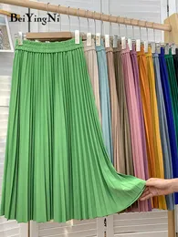 Skirts Beiyingni Skirts for Womens Solid Color Kawaii Elastic High Waist Korean Fashion Midi Pleated Skirt Elegant Slim Falda Jupe 230428