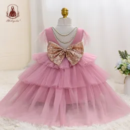 Girl's Dresses Yoliyolei Tiered Layers Tulle Dress Girl Gown Pearls Necklace V Back Design Flower Girl Wedding Clothes for Children Casual 230427