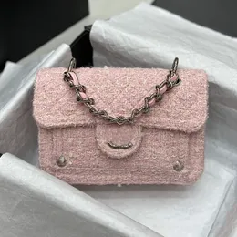 Lady Pink Tweed Designer Square Messenger Flap Bag Silver Metal Hardware Wide Chain Handle Multi Pochettes 18cm Vintage Cross Body Shoulder Handbag Lovely Purse