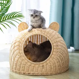 Mats Pet House Rattan Cat Nest Summer Summer Semiclosed Indoor Sleeping Bed Bast