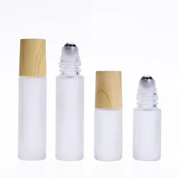 Mattierte dicke Glasrollerflaschen mit Holzmaserungsverschluss, 5 ml, 10 ml, nachfüllbare Fläschchenbehälter für ätherische Öle, Aromatherapie, Parfüm, Lippen-Qngo