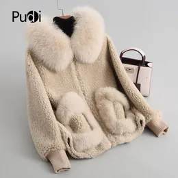 Jackets Pudi A18103 Women's Winter Wool Warm Real Fox Fur Hood Coat Lady Real Wool Long Coat Jacket Overcoat