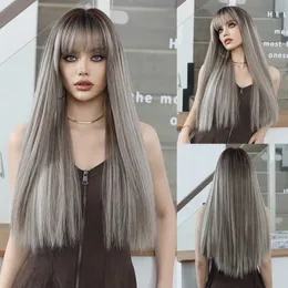 Perucas sintéticas linho cinza ponto tingido longo cabelo reto moda feminina peruca de fibra química peruca cabeça capa