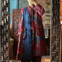 Женские жилеты Johnature, лен, хлопок, лоскутное женское длинное пальто, винтажный принт в китайском стиле, осень 2023, свободный ретро с v-образным вырезом