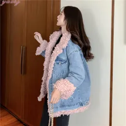 Women's Jackets Winter Loose Plus Velvet Warm Pink Lamb Denim Jacket Short BF Wool Coat 2023 Woman Street Cotton Coats