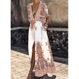 UBIEROWA SUKIENKA Kobieta nadrukowana długie krótkie rękawie Vneck Slit Ladies sukienka 2021 Summer Nowy moda na zewnątrz swobodne bułki kobiece