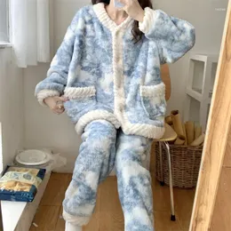 Ropa de dormir para mujer, pijamas, cárdigan de franela, Pijama para mujer, conjunto de ropa de descanso de lana Coral gruesa, cálido invierno, teñido anudado azul