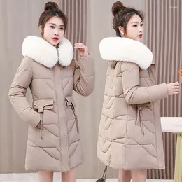 Женские плащи, хлопковая куртка, осенне-зимняя корейская тонкая утолщенная теплая парка, пальто для матери среднего возраста, пальто с капюшоном и меховым воротником средней длины