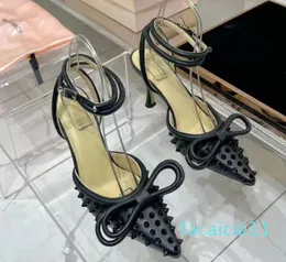 New MACH Sandals Women Luxury Designer Shoes High Heel Riveted Genuine Leather Bow Tip Slingback Heels Ankle Strap with Fashion Button