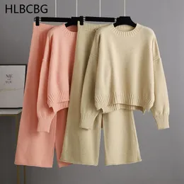 Женские брюки из двух предметов HLBCBG Базовый вязаный свободный комплект из свитера с открытым вырезом на осень-зиму, теплое спортивное пальто на молнии 231128