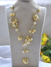 Pendant Necklaces Z12596 23'' 26mm Yellow Golden Round Baroque Keshi Pearl Gold-Plated Bead Necklace