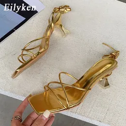 Sandals Eilyken Fashion Gold Silver Sandals Thin Low Heel Lace Up Rome Summer Gladiator Women Casual Narrow Band Shoes 230427