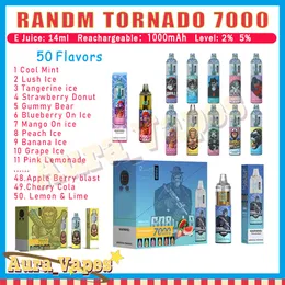 Original RandM Tornado 7000 Puff Caneta Vape Descartável 14ml Pré-cheia Pod Mesh Coil Puffs7k E Cigarro 1000mAh Bateria Recarregável Puffs 7k 2% 5% Vape Pen