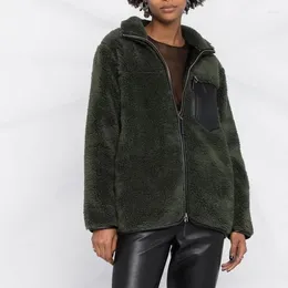 女性の毛皮の冬スタイルラペルジッパーウォームグリーン人工ウール模倣ラムスウールジャケット