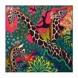 Sarongs 90cm Three Giraffes Brand Hijab Scarf Women Bandana Handmade Curled Twill Silk Square Luxury Foulard Head Scarves Shawl 230427