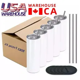 US CA Stock 25pcs/Carton Sublimation Blanks Straight Tumbler 20 oz Water Tumbler Cup with Lid and Straw In stock