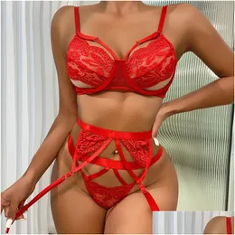 Bras Sets Lace Briefs Womens Sexy Lingerie Nightclub Party Push Up Underwear Thong Bra Garters Three Piece Drop Delivery Apparel Dhh6G