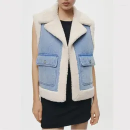 Damenwesten Mode ärmellose Lammwolle Revers Weste Frauen dicke Denim Patchwork weibliche Weste Jacke Herbst Winter warm lässig Plüsch