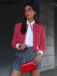 Womens Jackets Red Plaid Stand Collar Crop Top Coat Long Sleeve Single Breasted Elegant Lady Jacket Autumn Chic Casual Streetwear 231127