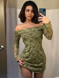 캐주얼 드레스 녹색 플로럴 프린팅 미니 드레스 여성 의류 어깨 멍청이 우아함 우아함 파라 mujer 섹스 나이트 클럽 복장
