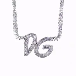 Anpassade namn Baguette Letters With Tennis Chain Necklace CZ Iced Out Zircon Pendant Hip Hop Jewelry287w