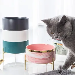 Feeding Pink Grey Blue Green Marble Pattern Dog Ceramic Bowl With Bolden Frame