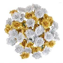 Flores decorativas 30 peças 6cm seda ouro artificial rosa flor cabeças para casa casamento diy scrapbooking guirlanda de natal decoração falsa
