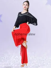 Scene slitregel Rhinones Ballroom Topps Standard Modern Dance Cloing Suit Latin Women Solid Color Stage Come Waltz Mesh Pantsephemeralew