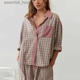 Women's Sleep Lounge New autumn women's button up collar shirt jacket+bottom tie up pants set spring checkered striped printed long sled pajama s L231129