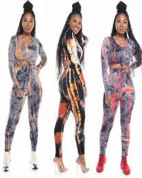 Women Winter Tracksuits Tie Dye Print Sports Suits Sexy Track Suits Multi Two Piece Outfits Long Sleeve Short Crop Top Long Pant S2051125