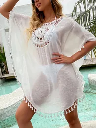 Roupa de banho feminina capa ups para mulher ver através borla oco para fora biquíni sólido coverups beachwear vestido