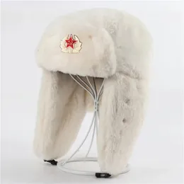 Chapéus de borda larga Bucket Homens Mulheres Exército Soviético Militar Emblema Rússia Bomber Pilot Trapper Trooper Chapéu Inverno Faux Fur Earflap Snow Caps 3 Estilos 231128