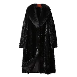 Damska norek futra długi płaszcz zima czarna kurtka miękka ciepła luksusowa futrzana kołnierz znamion