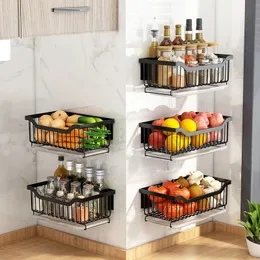 Dish Racks Wall Mounted Kitchen Storage Basket Metal Organizer Storage Rack For Spice vegetable Fruit 231124