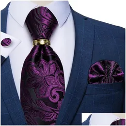 Bow Ties Luxury Purple Silk for Men Fashion Wedding Neck Tie Tie Exclistories Cufflinks Handkerchief Ring Set Drop Dropen