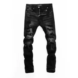 Otoño Invierno ropa de hombre agujero parche jeans jóvenes ajustados pantalones estampados agujero negro