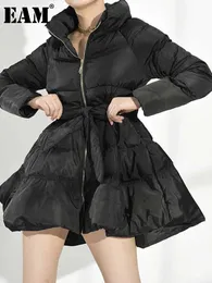 Women's Down Parkas Eam Black Bandage Bow Cottonpadded Coat Long Sleeve Loose Fit Women Parkas Fashion Autumn Winter WC69101S 231128