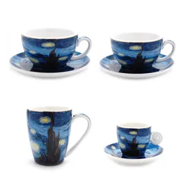 Coffeeware 90/220/300/400ml latte cappuccino espresso canecas de café conjunto com colher pires copo de leite caneca van gogh estilo pintura a óleo copos