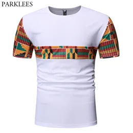 Erkek tişörtler geometrik patchwork beyaz dashiki tshirt erkekler kısa kollu ince fit Afrika kıyafetleri hip hop hipster Africaine Homme 230428