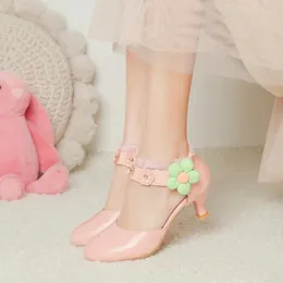 Sandals Free Ship Sweet Lolita Style Belt Flower Princess 5cm High Heel Part Shoes For Women White Beige Pink 2024 Summer