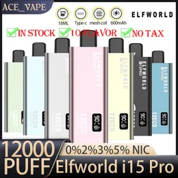 Original Elf World I15 Pro 12000 Puffs Electronic Cigarette Vape Pen Disposables Elfworld 18 ml med 600mAh Puff 12K uppladdningsbar batterityp C Mesh Coil