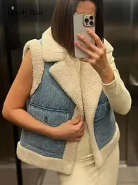 Women's Vests Winter Warm Waistcoat Jacket Women Thick Patchwork Female Vest Autumn Lapel Fleece Pocket Sleeveless Lady 2023 Streetwear 231128